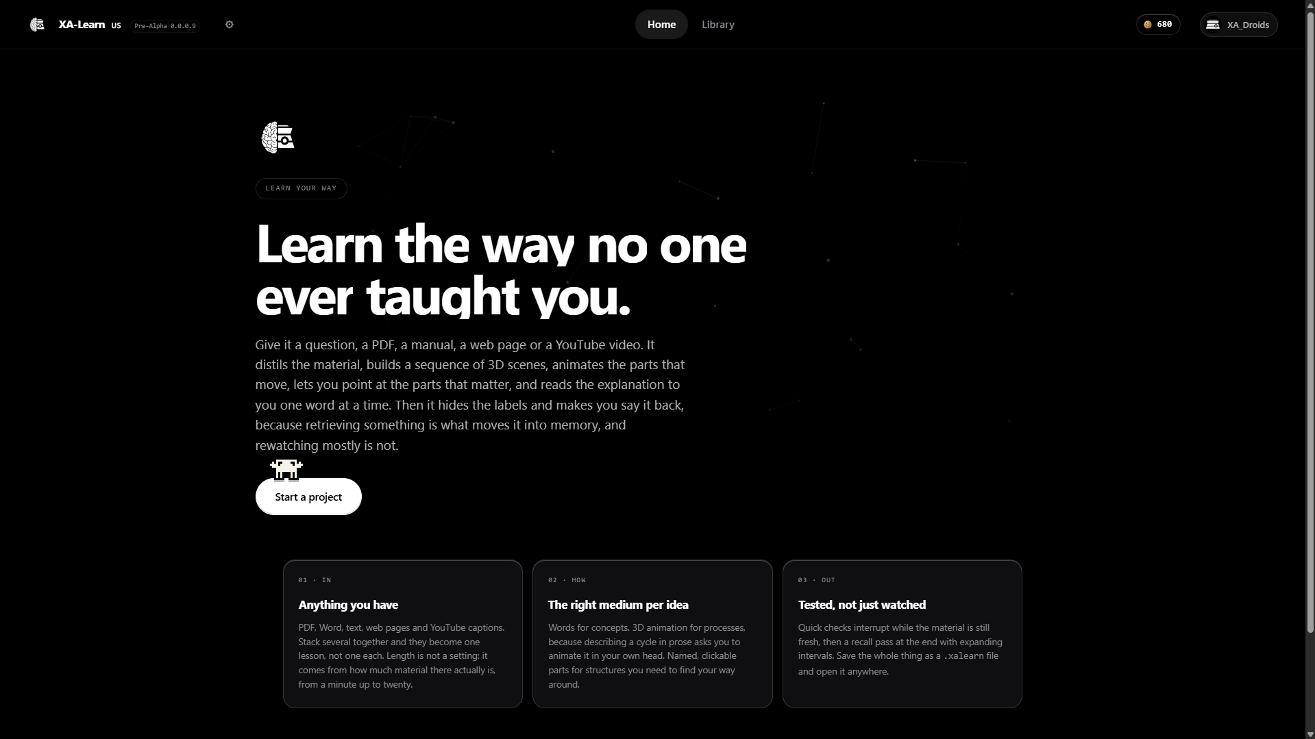 The XA_Learn home screen, reading: learn the way no one ever taught you