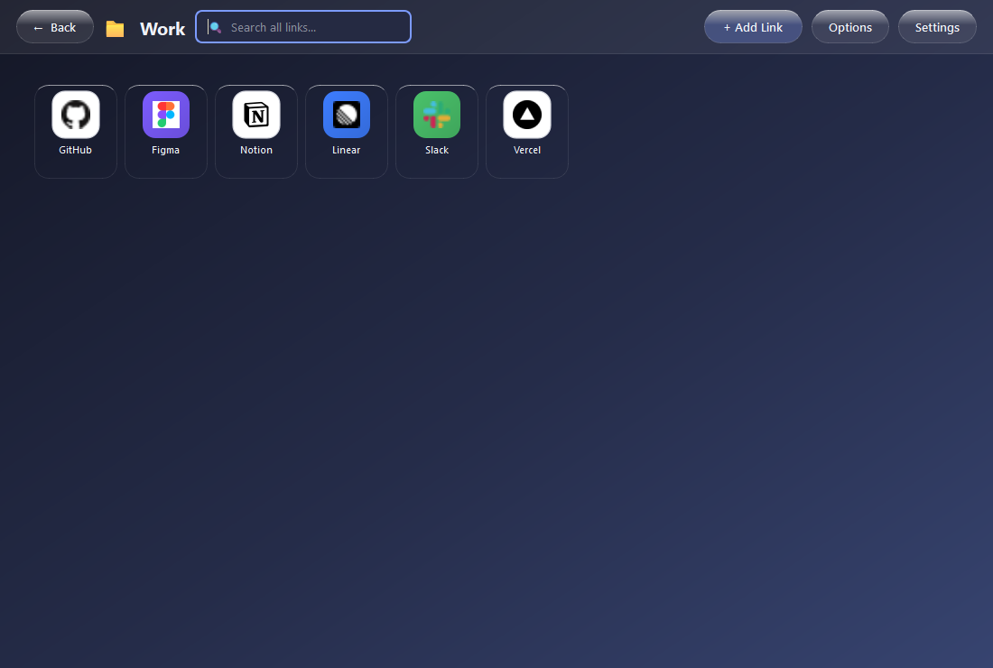 A Work folder in XA_Link containing GitHub, Figma, Notion, Linear, Slack and Vercel