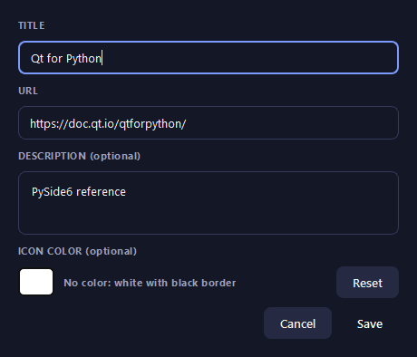 The XA_Link add link dialog with title, URL, description and icon colour fields