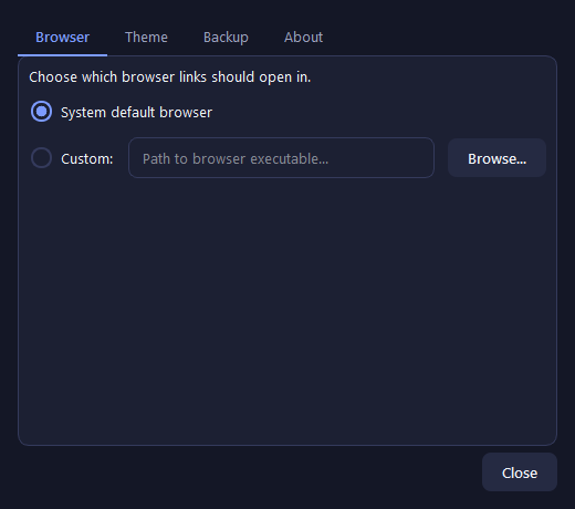XA_Link browser settings, choosing between the system default browser and a custom one
