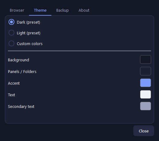 XA_Link theme settings with dark, light and custom colour presets